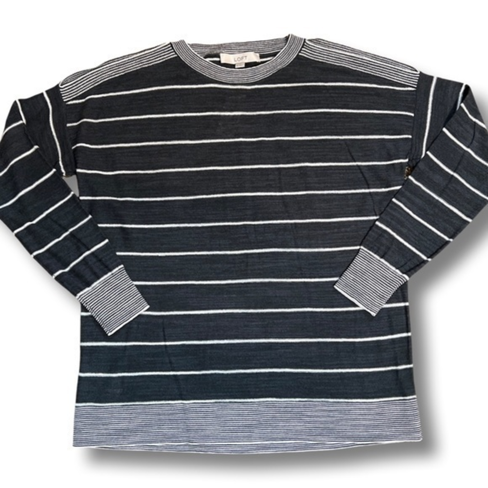 NWT LOFT Cold Shoulder Sweater Crew Neck Gray &‎ White Stripes S